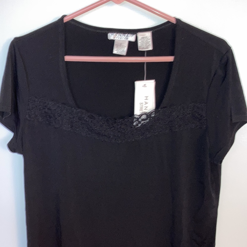 Hannah Stretch short sleeve black top with lace. Size L